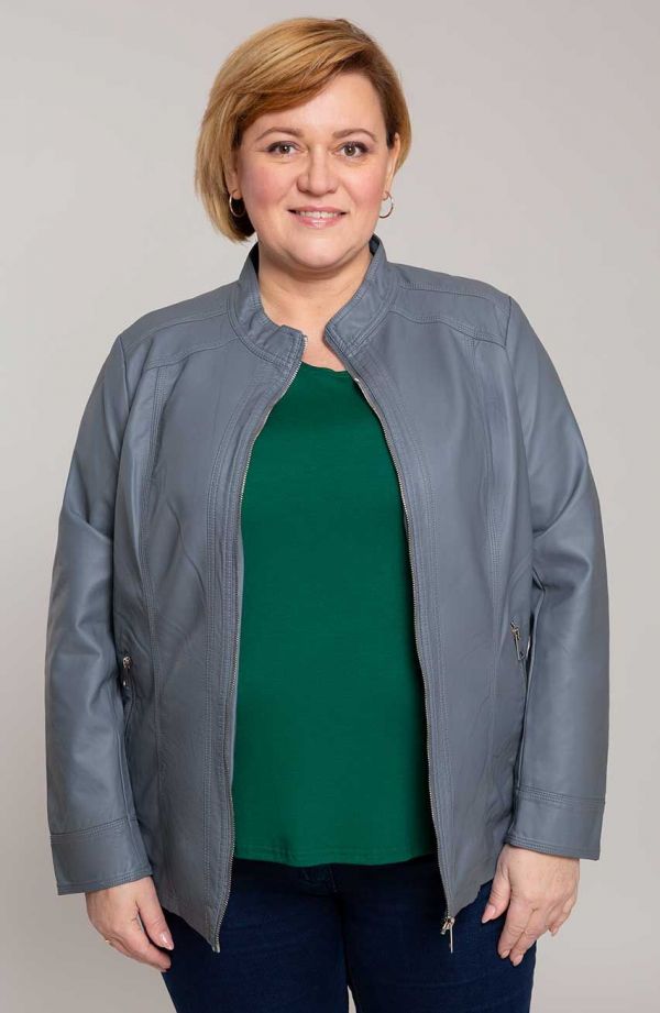 Jachetă din piele ecologică gri deschis cu guler ridicat