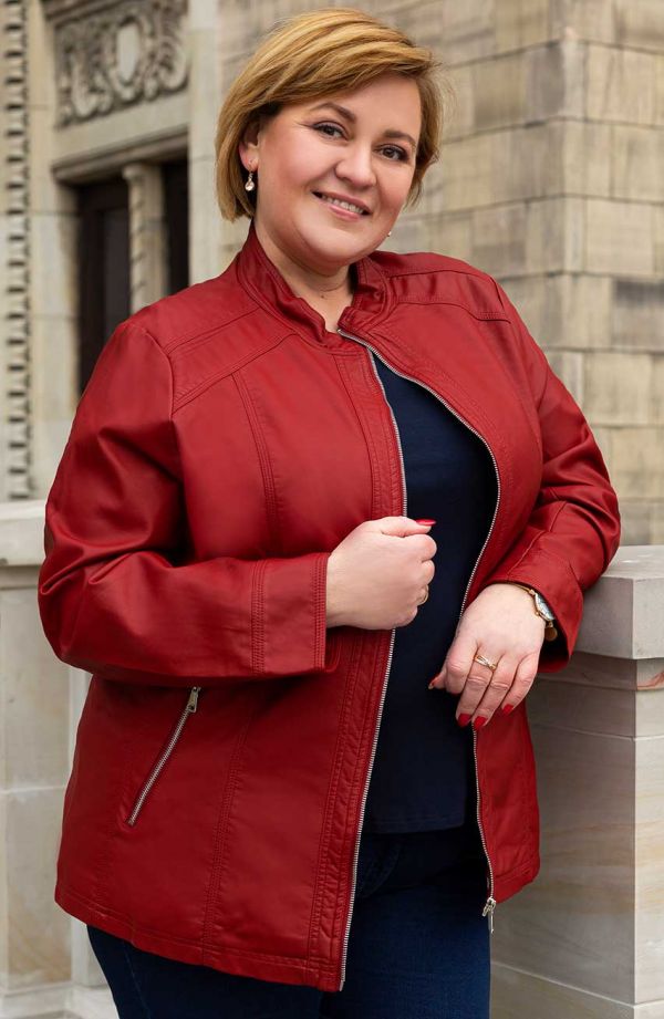 Jachetă bordo din piele ecologică cu guler înalt