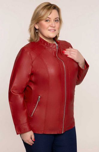 Jachetă din piele ecologică burgundă cu guler stand-up