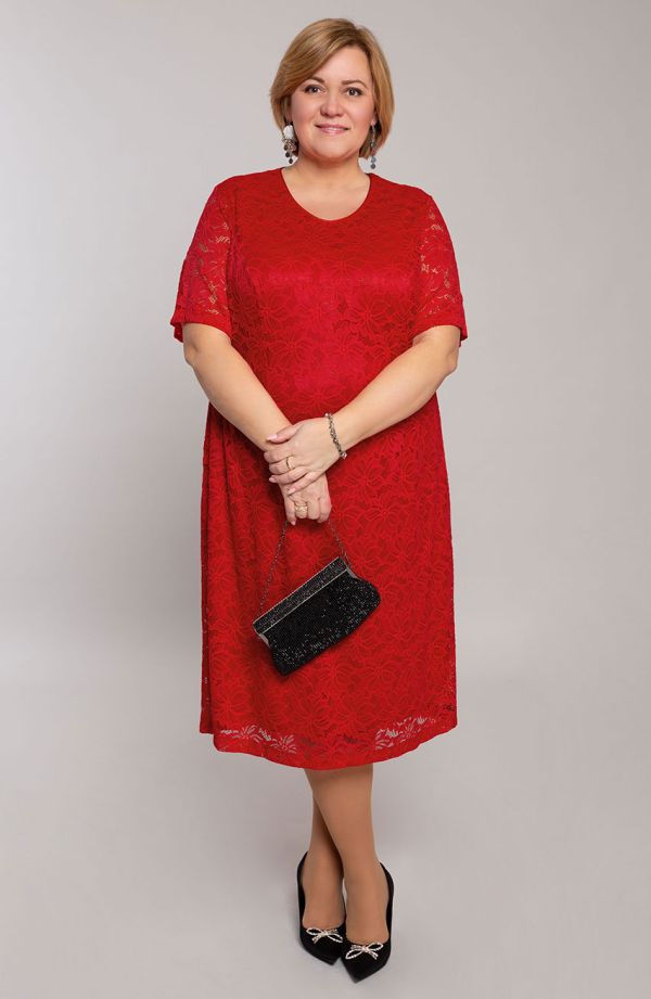 Rochie roșie din dantelă cu mâneci scurte
