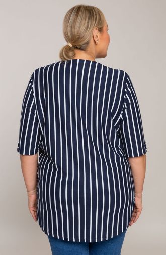Bluză lungă bleumarin cu dungi albe verticale