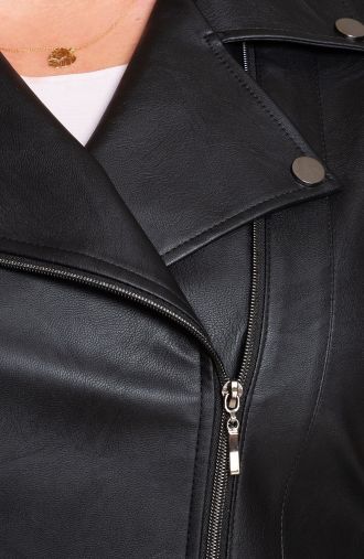 Jachetă motociclist neagră cu guler cu capse