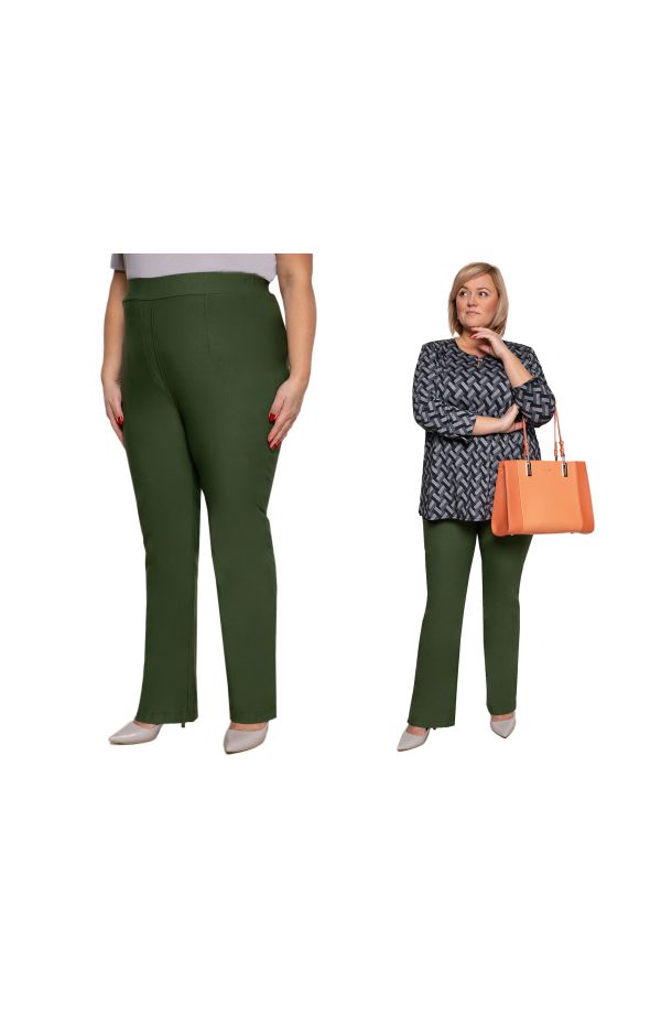 Pantaloni verde masliniu drepți din bumbac cu talie înaltă
