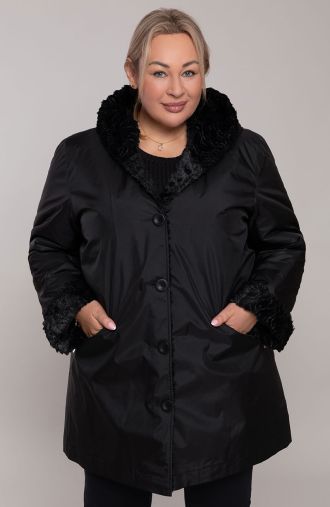 Jachetă lungă neagră cu glugă și blană artificială