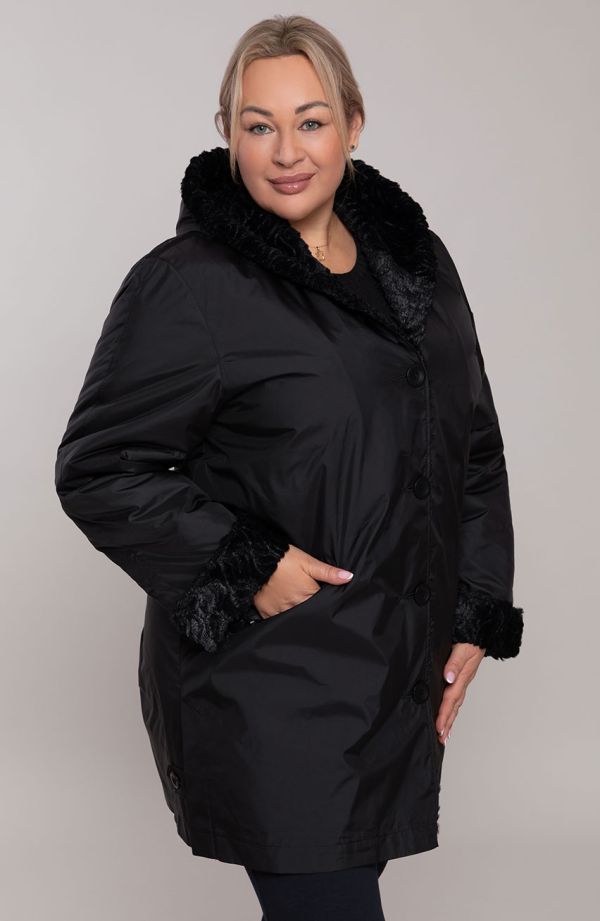 Jachetă lungă neagră cu glugă și blană artificială