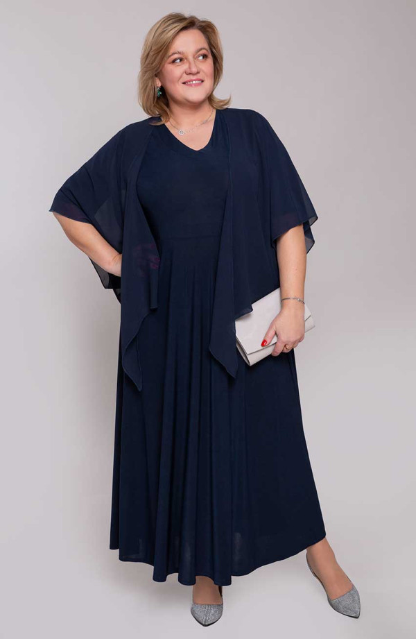 Rochie maxi lungă, evazată, albastru marin, cu mantie de sifon și decolteu în V | Fashion Marime uri mari
