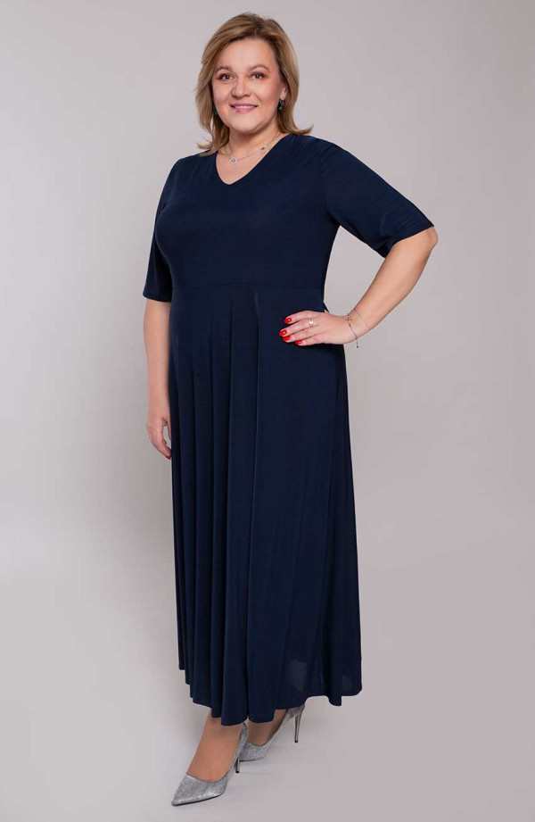 Rochie maxi lungă, evazată, albastru marin, cu mantie de sifon și decolteu în V | Fashion Marime uri mari