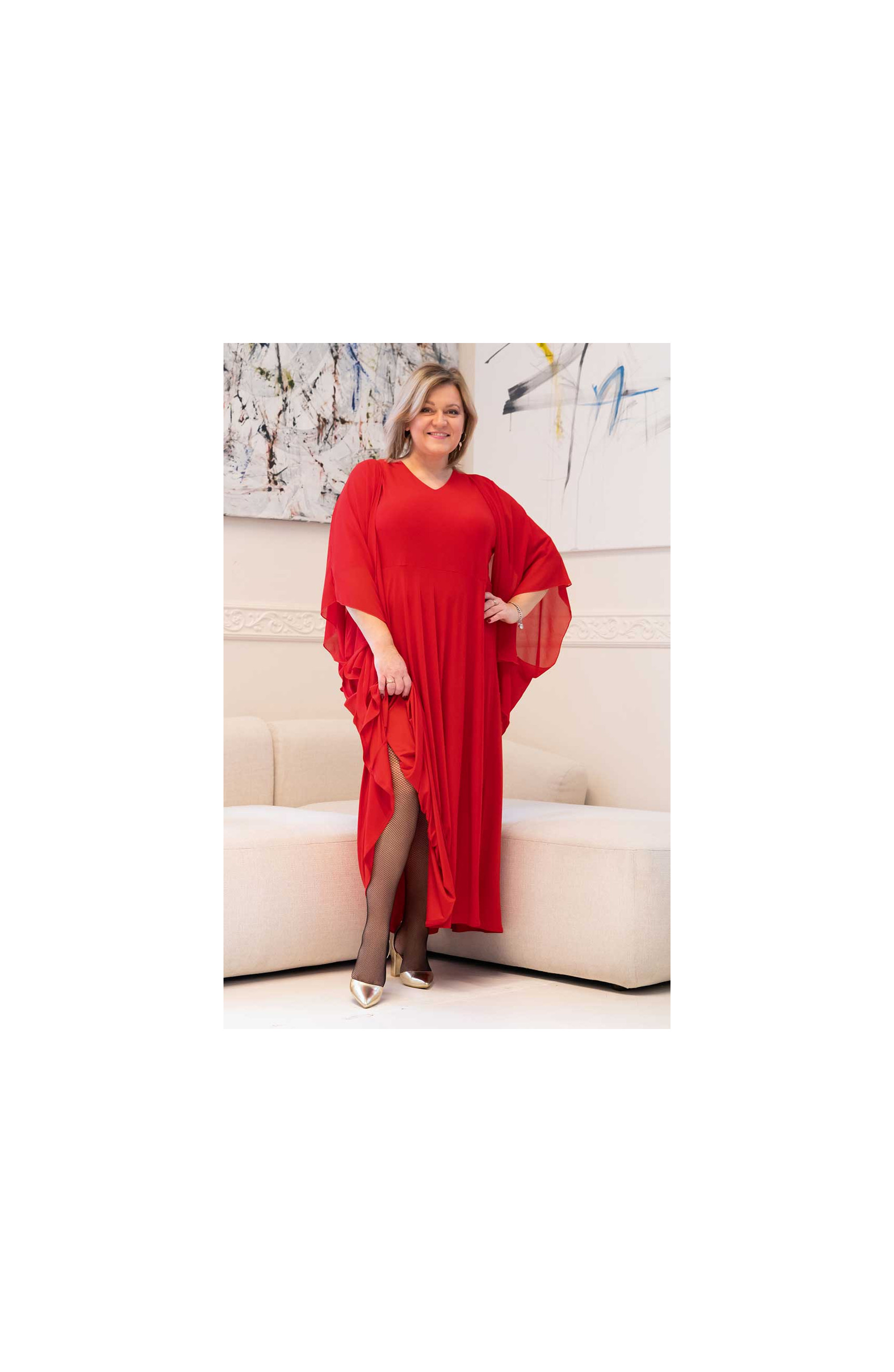 Rochie lungă roșie evazată maxi cu mantilă șifon și decolteu în V Dimensiuni mari la modă