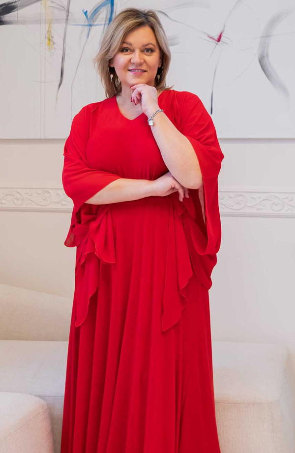 Rochie lungă roșie evazată maxi cu mantilă șifon și decolteu în V Dimensiuni mari la modă