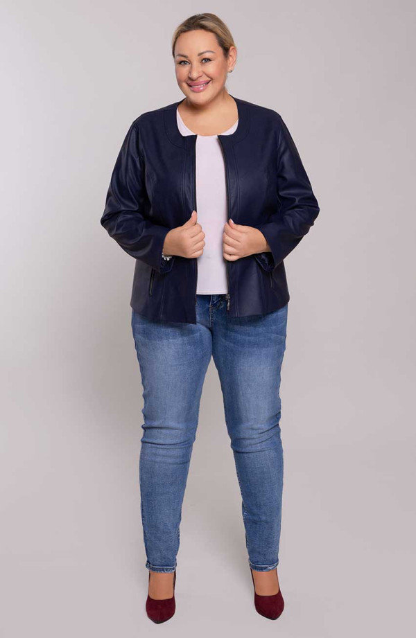 Jachetă clasică de damă plus size bleumarin din piele ecologică Dimensiuni mari la modă