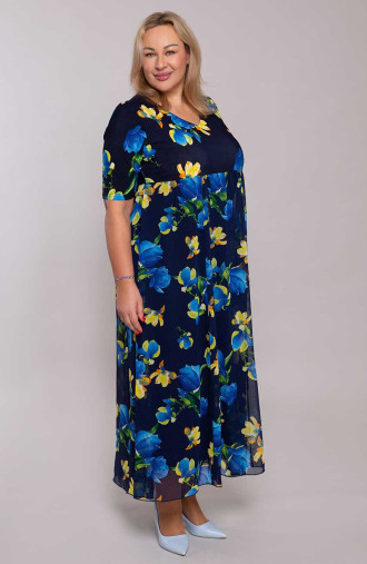 Rochie lungă cu flori galbene și albastre