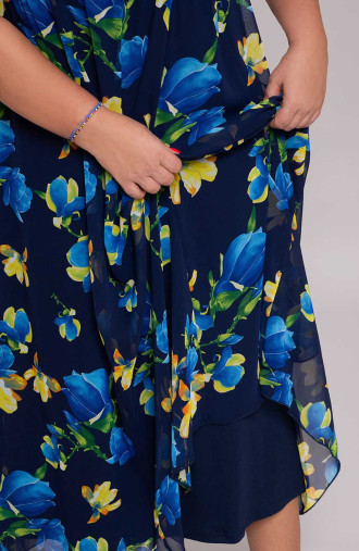 Rochie lungă cu flori galbene și albastre