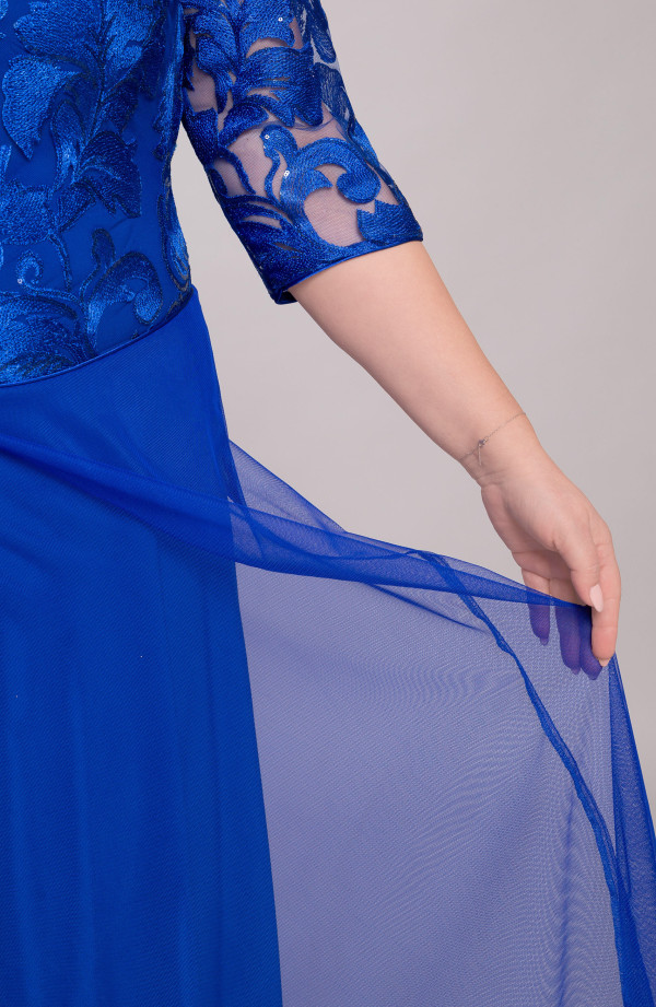 Rochie albastra floarea de colt cu dantela din satin