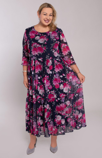 Rochie lungă bleumarin cu flori roz