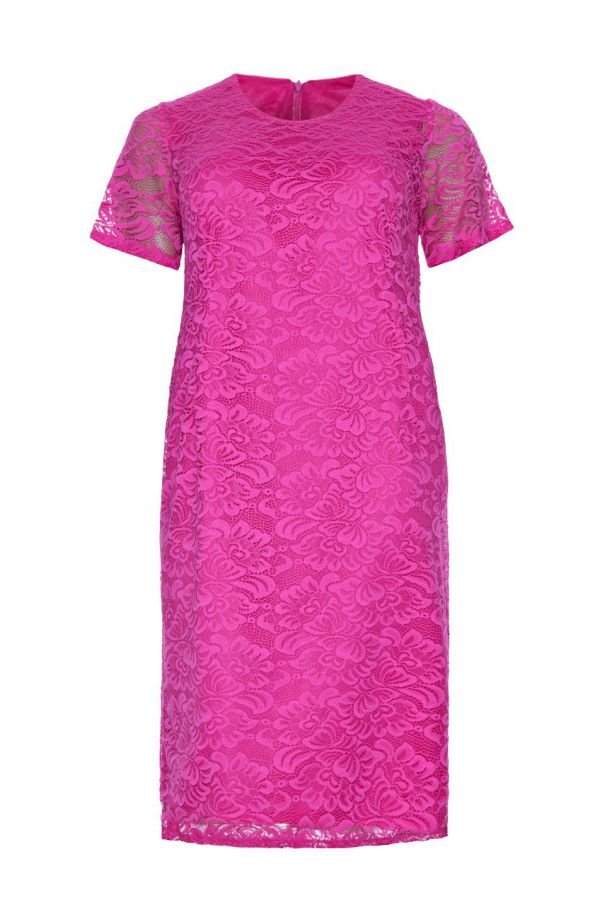 Różowa koronkowa sukienka z krótkim rękawem
