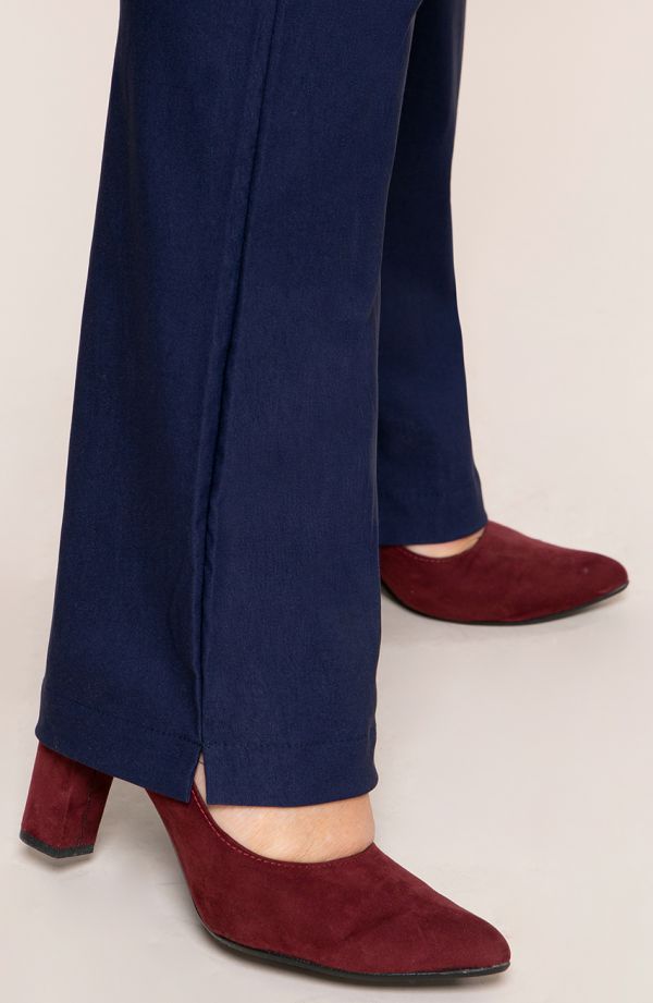 Pantaloni bleumarin drepți din bumbac cu talie înaltă